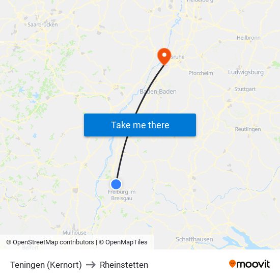 Teningen (Kernort) to Rheinstetten map