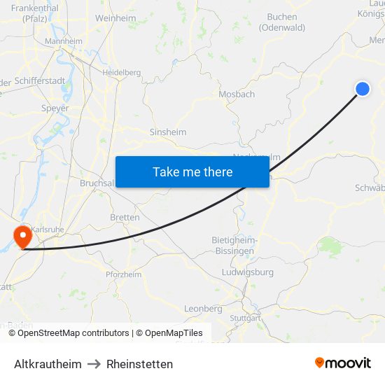 Altkrautheim to Rheinstetten map