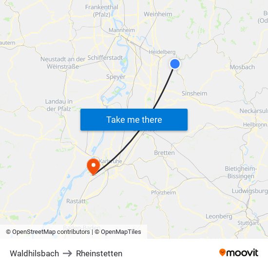 Waldhilsbach to Rheinstetten map