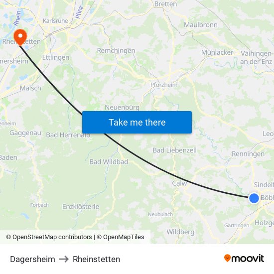 Dagersheim to Rheinstetten map