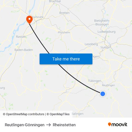 Reutlingen-Gönningen to Rheinstetten map