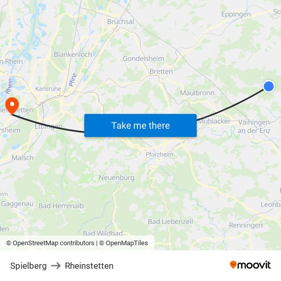 Spielberg to Rheinstetten map