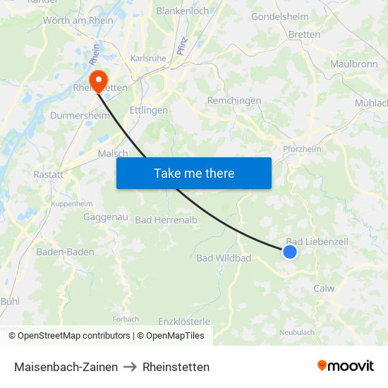 Maisenbach-Zainen to Rheinstetten map