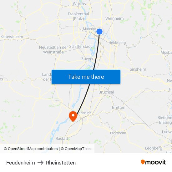 Feudenheim to Rheinstetten map