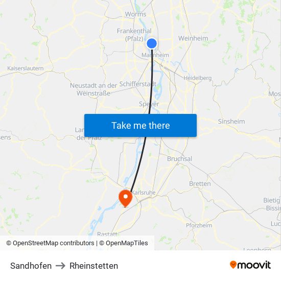 Sandhofen to Rheinstetten map