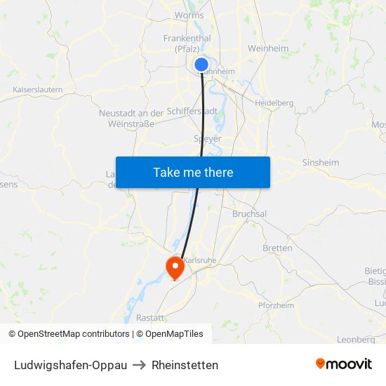 Ludwigshafen-Oppau to Rheinstetten map