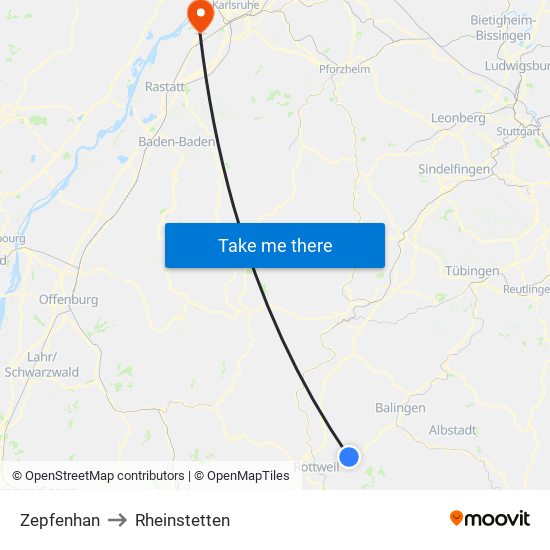 Zepfenhan to Rheinstetten map