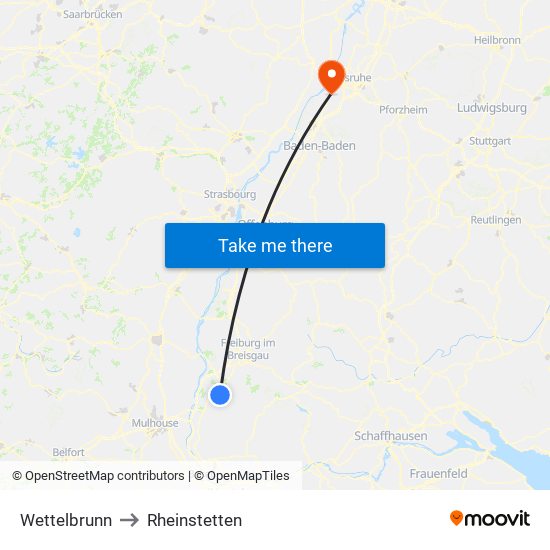 Wettelbrunn to Rheinstetten map