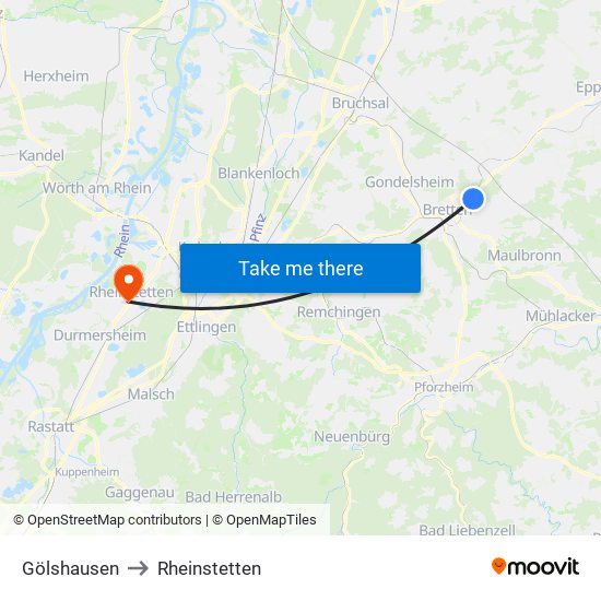 Gölshausen to Rheinstetten map