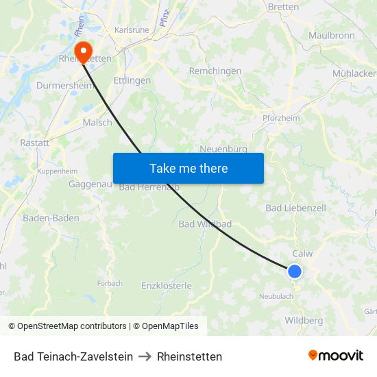 Bad Teinach-Zavelstein to Rheinstetten map