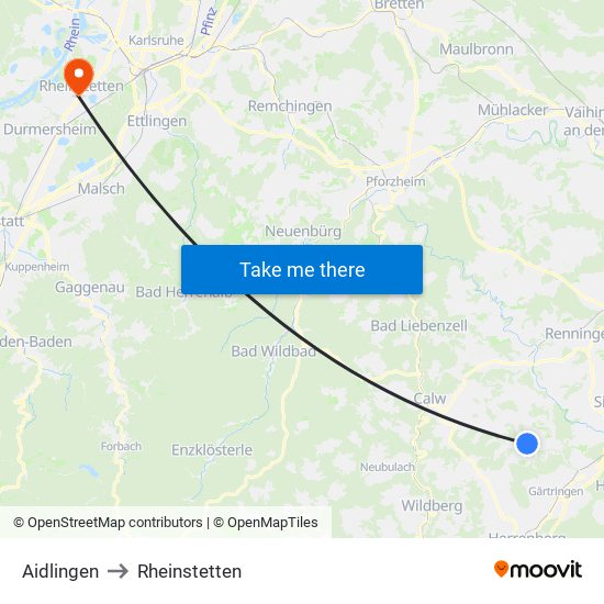 Aidlingen to Rheinstetten map