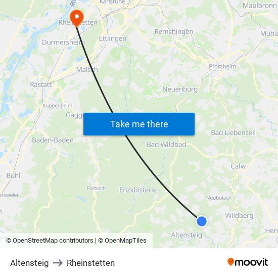 Altensteig to Rheinstetten map