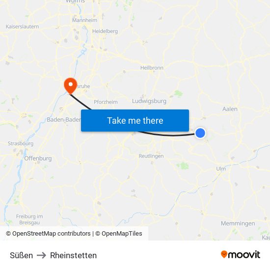 Süßen to Rheinstetten map