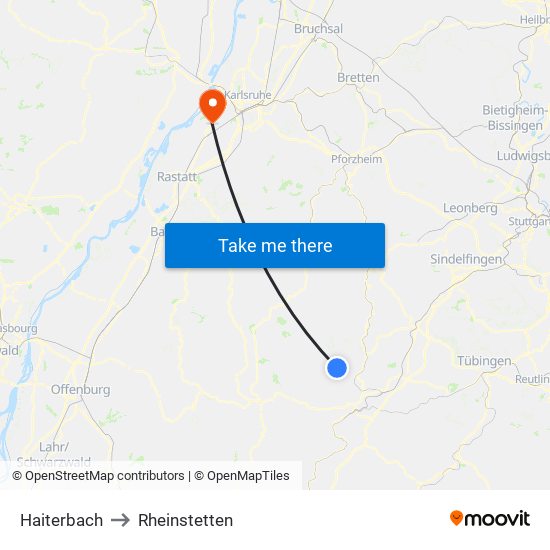 Haiterbach to Rheinstetten map