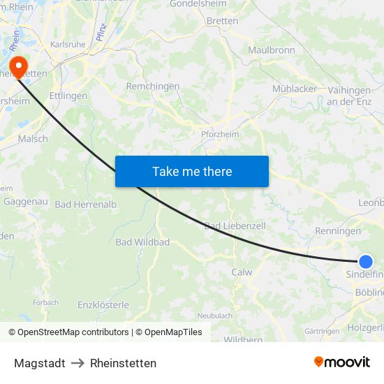 Magstadt to Rheinstetten map