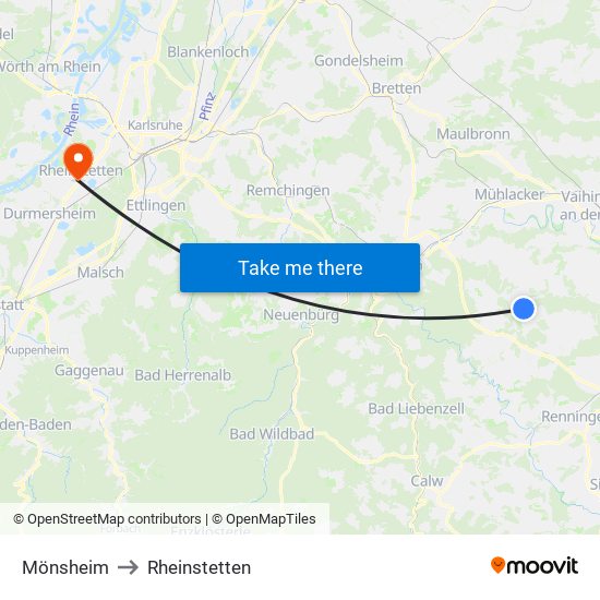 Mönsheim to Rheinstetten map