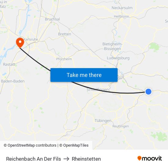 Reichenbach An Der Fils to Rheinstetten map