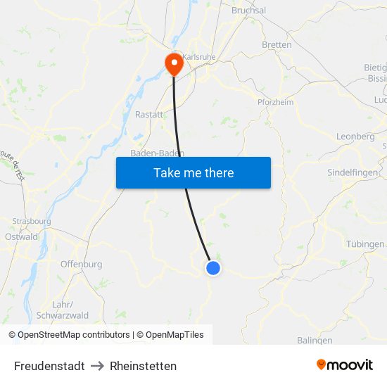 Freudenstadt to Rheinstetten map