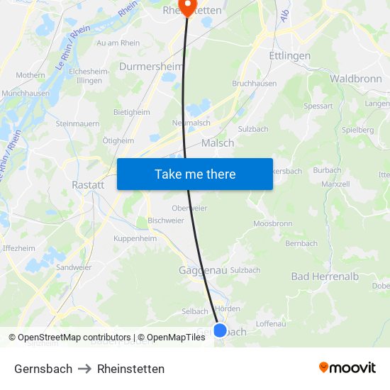 Gernsbach to Rheinstetten map