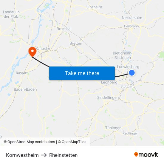 Kornwestheim to Rheinstetten map