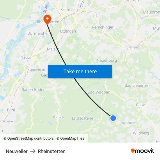 Neuweiler to Rheinstetten map