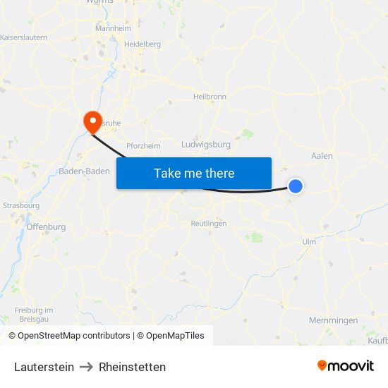 Lauterstein to Rheinstetten map