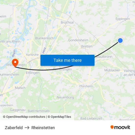 Zaberfeld to Rheinstetten map