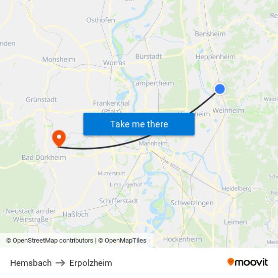 Hemsbach to Erpolzheim map