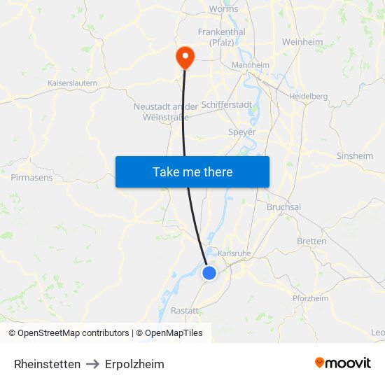 Rheinstetten to Erpolzheim map