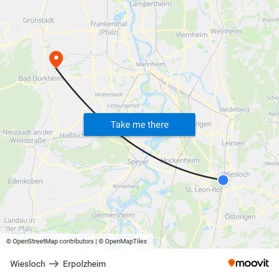 Wiesloch to Erpolzheim map