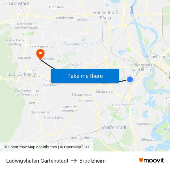 Ludwigshafen-Gartenstadt to Erpolzheim map