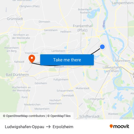 Ludwigshafen-Oppau to Erpolzheim map