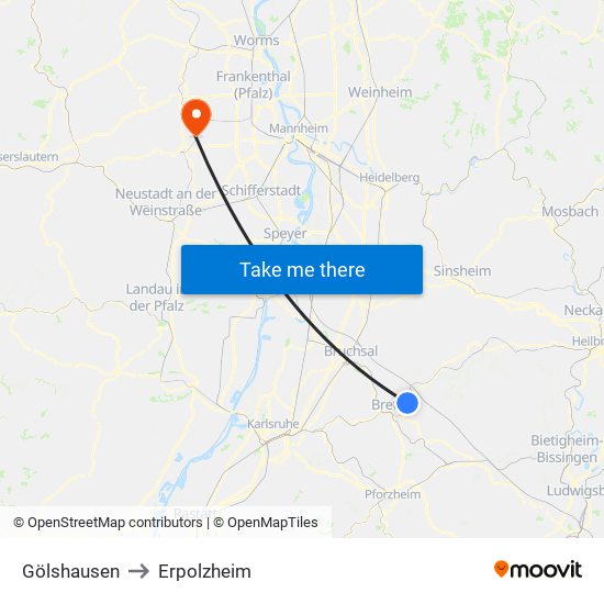 Gölshausen to Erpolzheim map