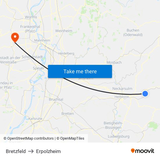 Bretzfeld to Erpolzheim map