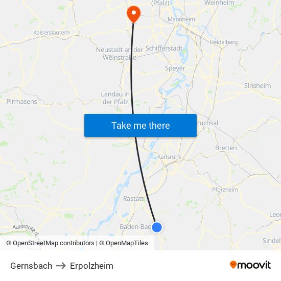 Gernsbach to Erpolzheim map