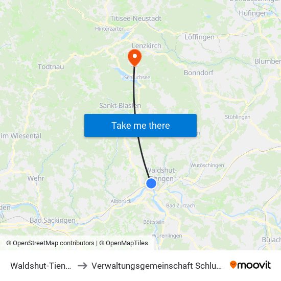 Waldshut-Tiengen to Verwaltungsgemeinschaft Schluchsee map