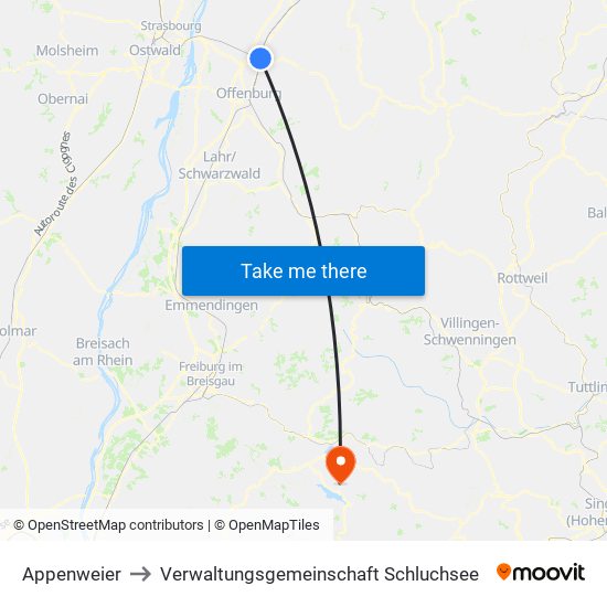 Appenweier to Verwaltungsgemeinschaft Schluchsee map