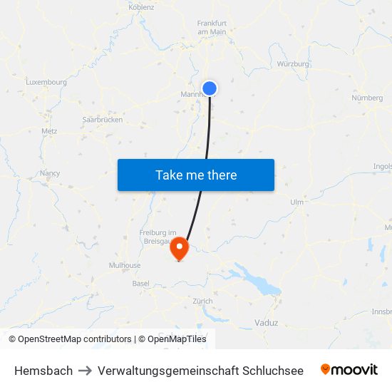 Hemsbach to Verwaltungsgemeinschaft Schluchsee map