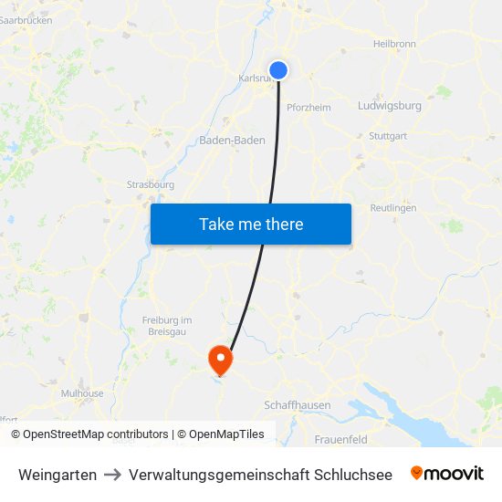 Weingarten to Verwaltungsgemeinschaft Schluchsee map