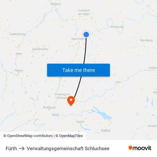 Fürth to Verwaltungsgemeinschaft Schluchsee map