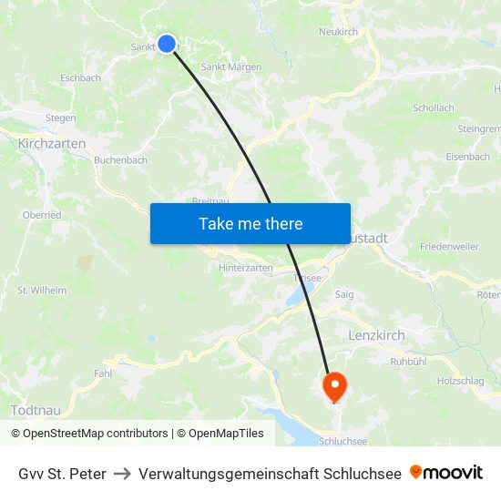 Gvv St. Peter to Verwaltungsgemeinschaft Schluchsee map