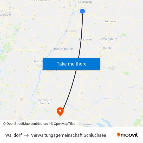 Walldorf to Verwaltungsgemeinschaft Schluchsee map