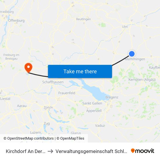 Kirchdorf An Der Iller to Verwaltungsgemeinschaft Schluchsee map