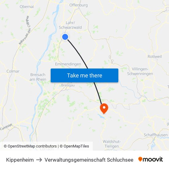 Kippenheim to Verwaltungsgemeinschaft Schluchsee map