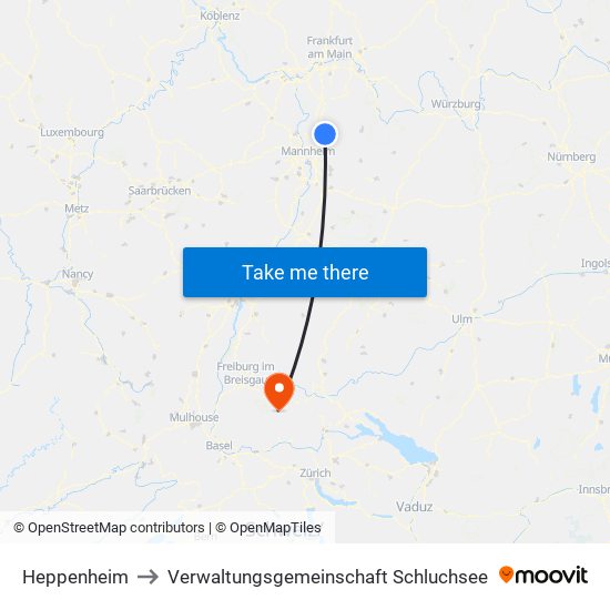 Heppenheim to Verwaltungsgemeinschaft Schluchsee map