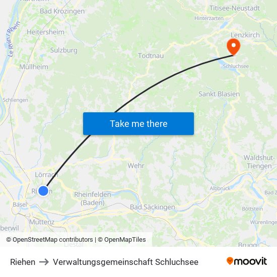 Riehen to Verwaltungsgemeinschaft Schluchsee map