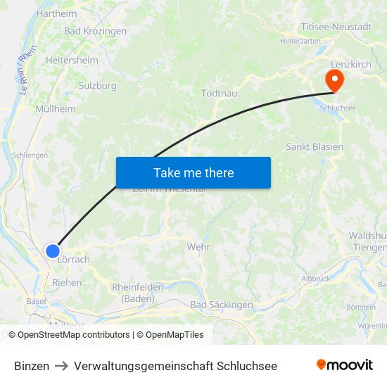 Binzen to Verwaltungsgemeinschaft Schluchsee map