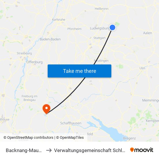 Backnang-Maubach to Verwaltungsgemeinschaft Schluchsee map