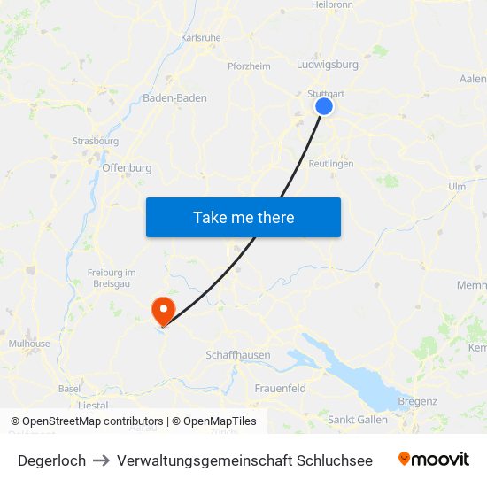 Degerloch to Verwaltungsgemeinschaft Schluchsee map