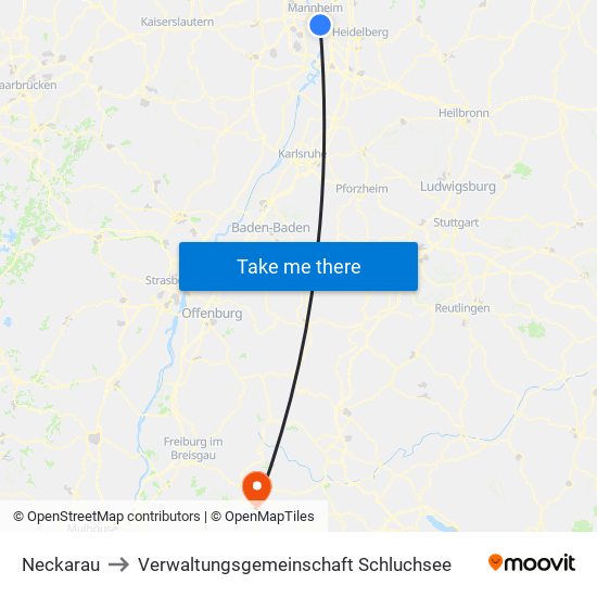 Neckarau to Verwaltungsgemeinschaft Schluchsee map